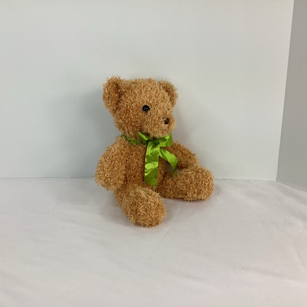 Teddy Bear Plush Tan Curly Textured Fur Green Ribbon 10” Stuffed Animal Toy - Picture 3 of 7